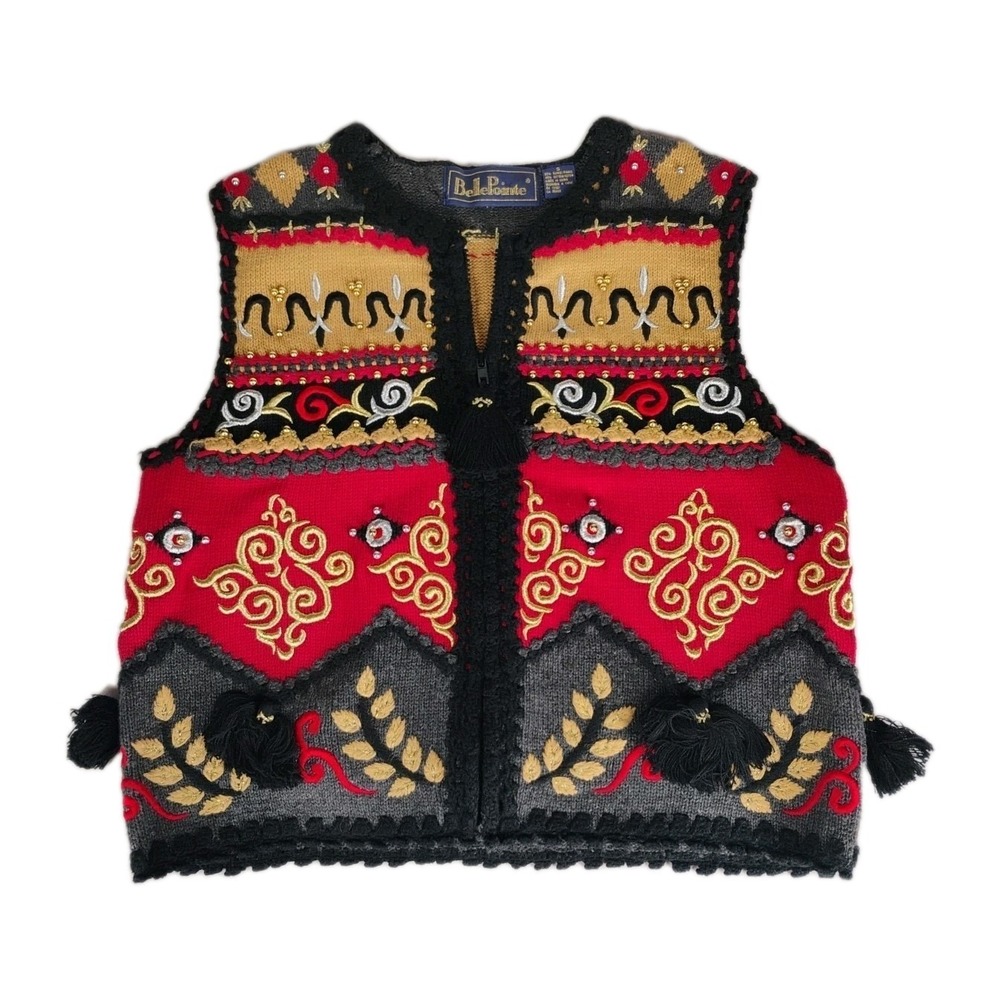 Vintage Belle‎ Pointe SMALL Womens Knit Zip Up Sweater Vest Tassels Embroidered